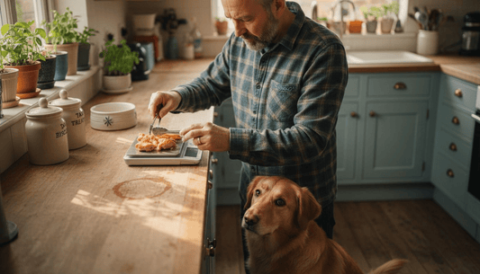 Man meal prepping grain-free dog food in kitchen
