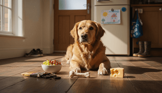 Dog lying with dangerous foods on kitchen floor