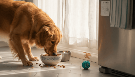 Dog eating grain-free kibble for dental health