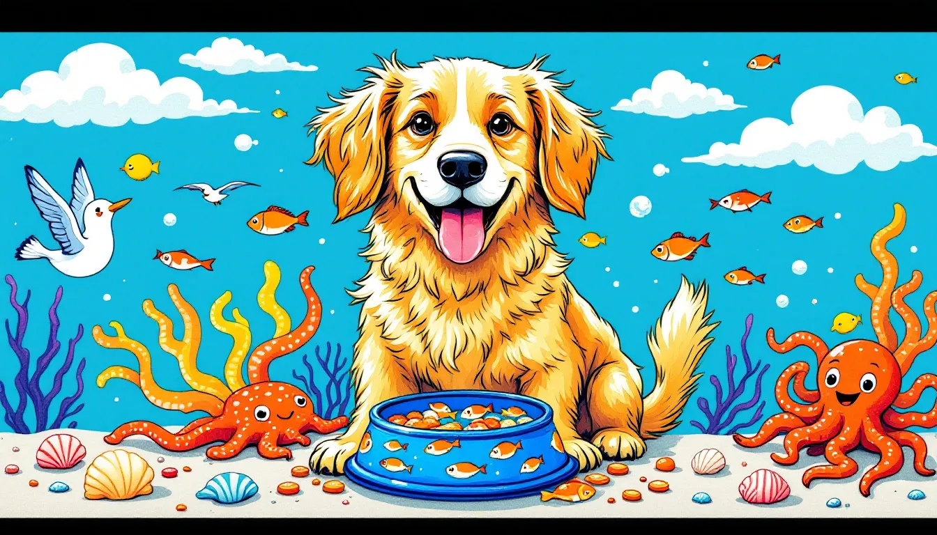 A dog enjoying a bowl of fish-based dog food, showcasing the health benefits of fish protein.