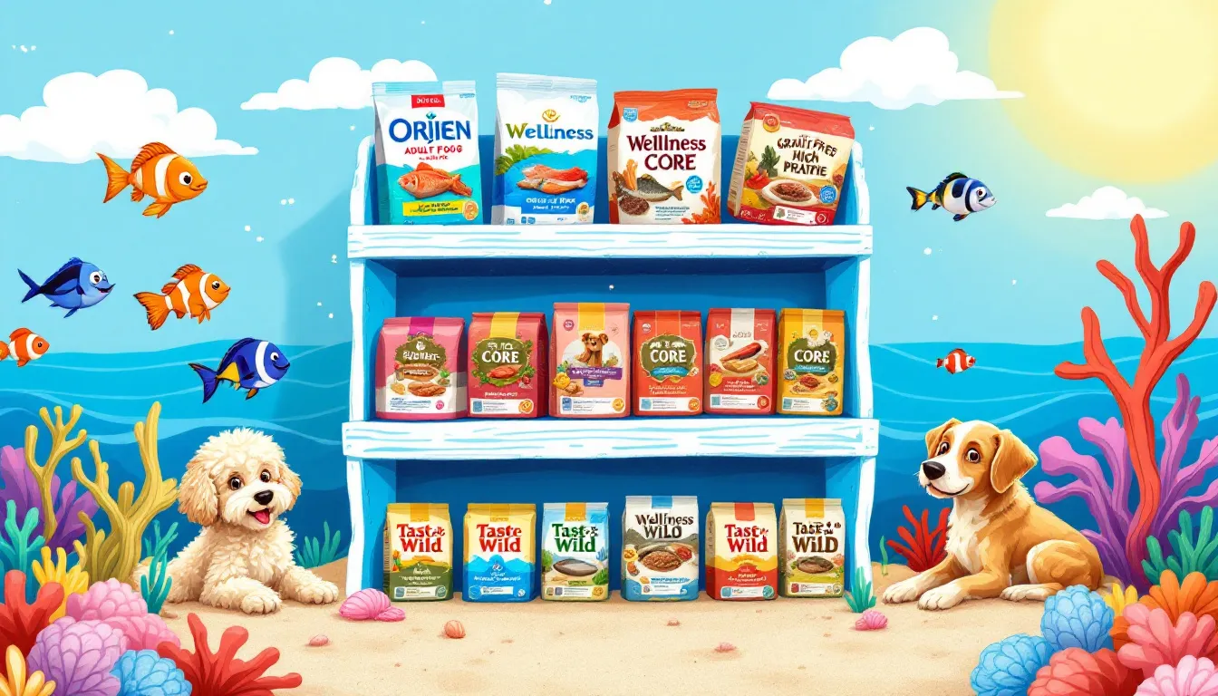 A selection of different brands of fish-based dog food on a shelf, demonstrating variety for pet owners.