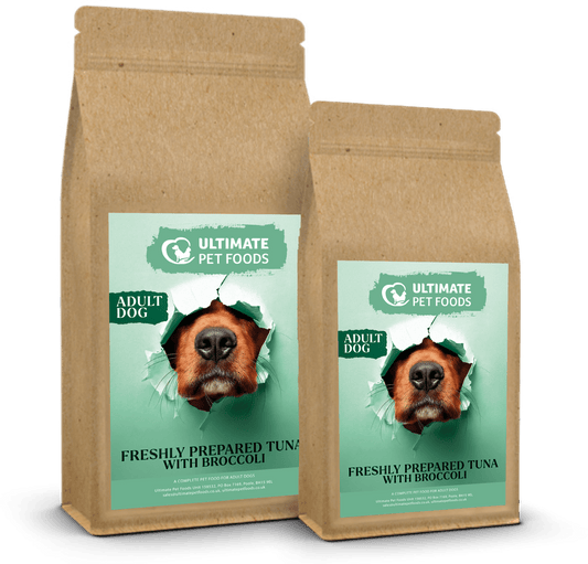 Two bags of Ultimate Pet Foods adult dog food with a green label featuring a dog's face.
