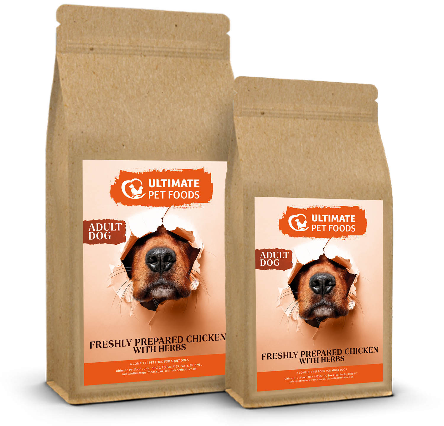 Grain Free Dry Dog Food from Ultimate Pet Food images shows the brown bag with label on the front