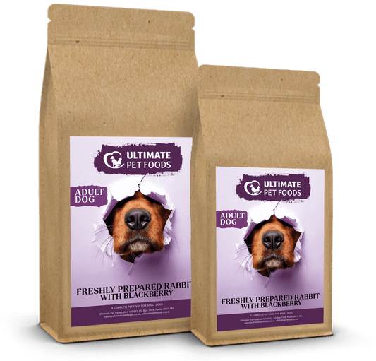 Two bags of Ultimate Pet Foods adult dog food with rabbit and blackberry flavor on a white background.